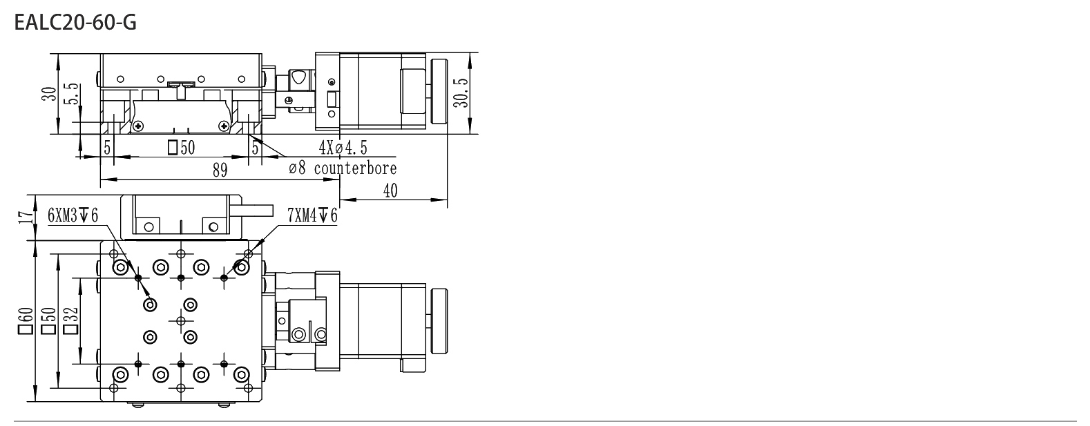 Precision Motorized Linear Stage EALC20-60-G drawing
