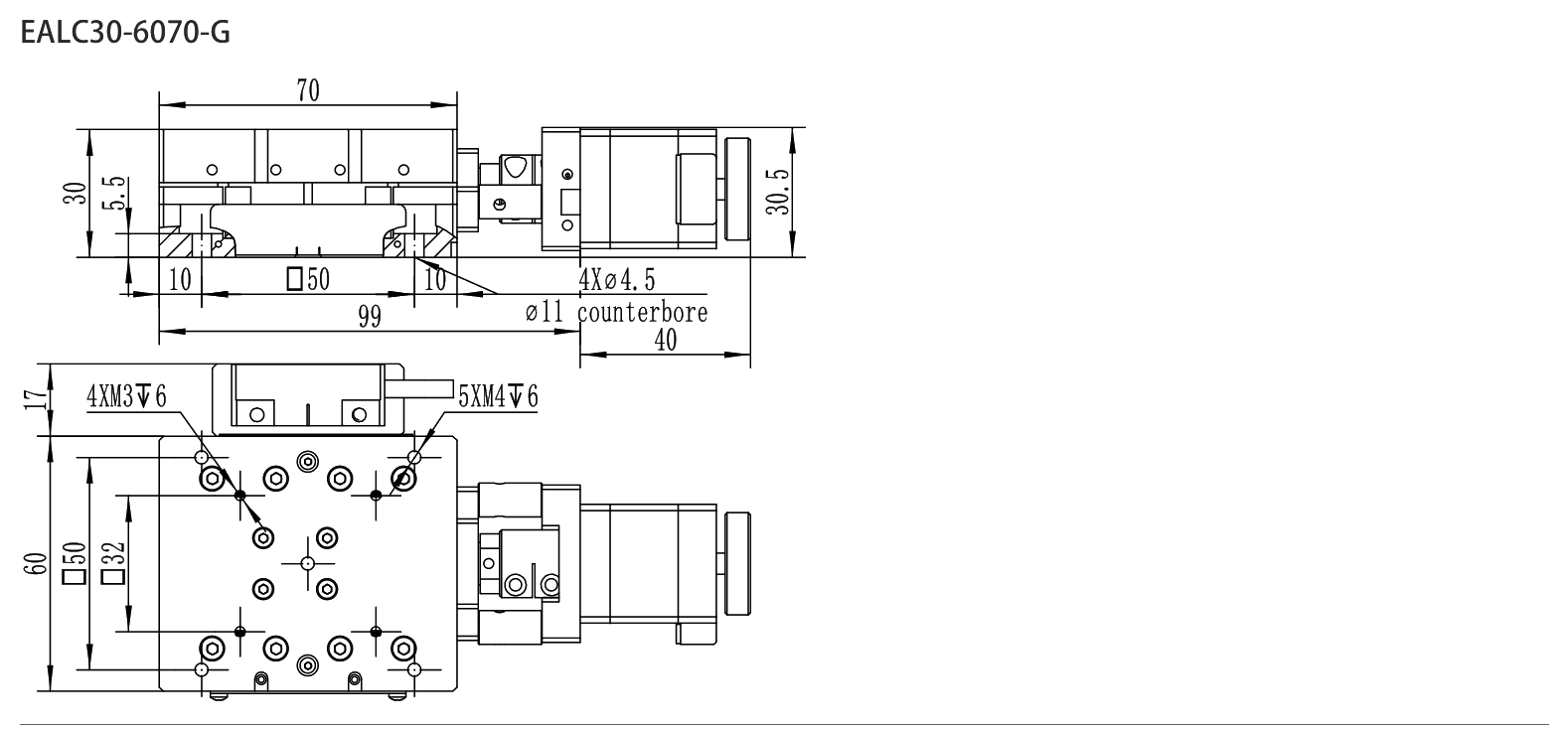 Precision Motorized Linear Stage EALC30-70-G drawing