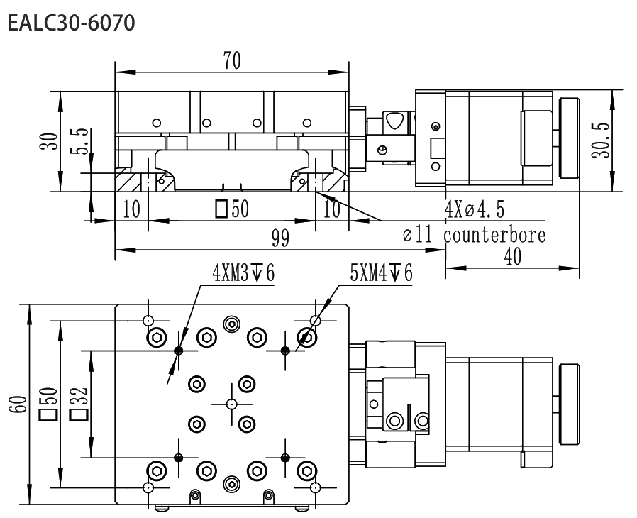 Precision Motorized Linear Stage EALC30-70 drawing