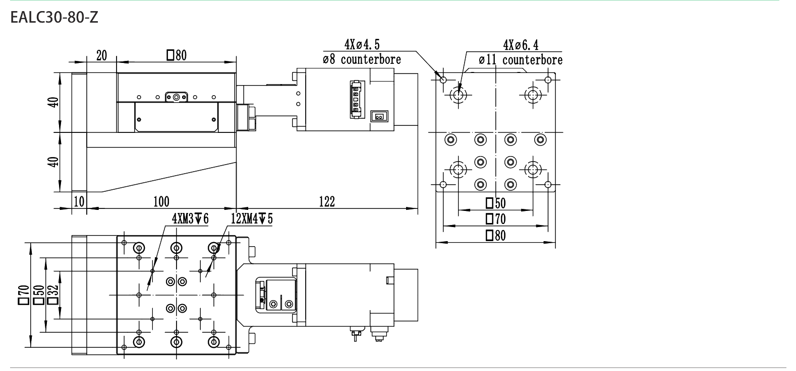 80x80台面，行程30，两相电动滑台 EALC30-80-Z 尺寸图