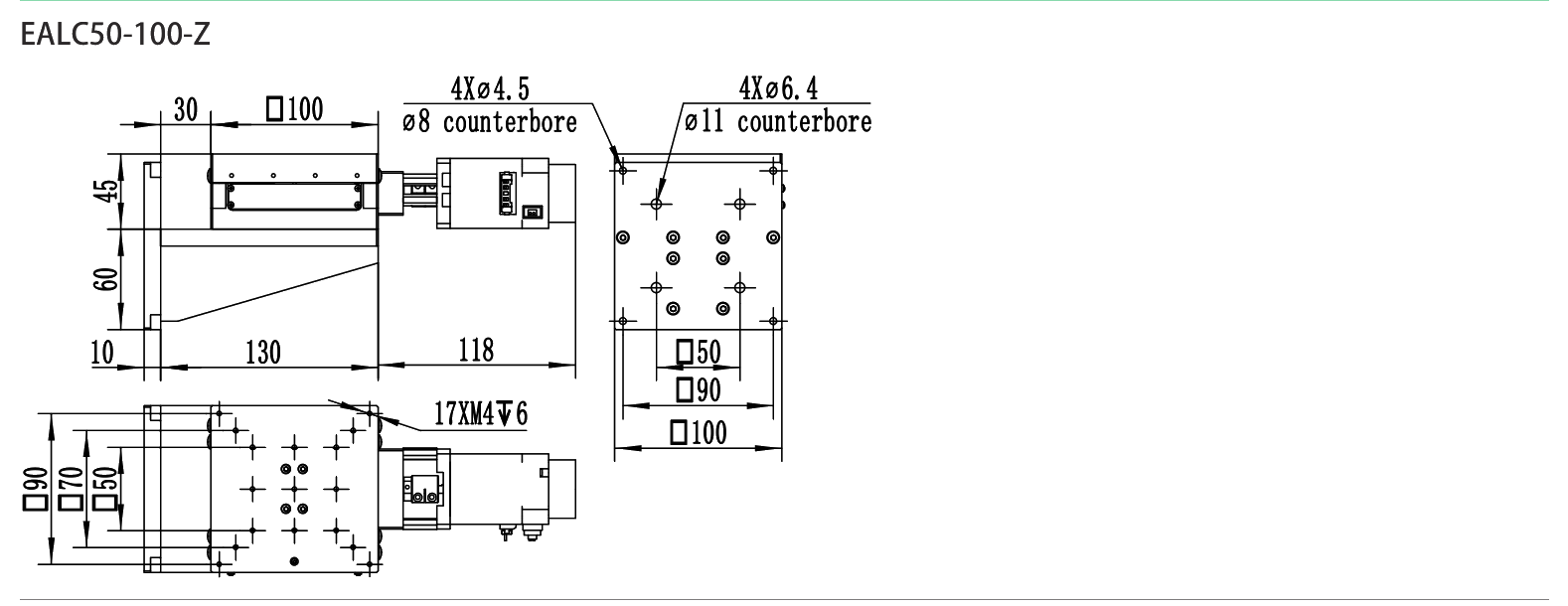 Precision Motorized Linear Stage EALC50-100-Z drawing