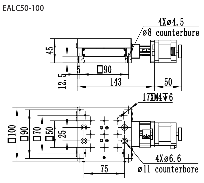 Precision Motorized Linear Stage EALC50-100 drawing