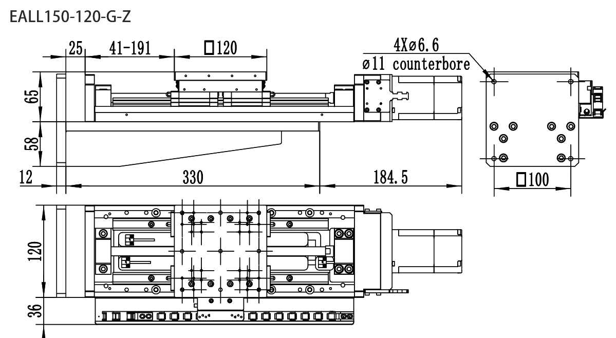 Precision Motorized Linear Stage EALL150-120-G-Z drawing
