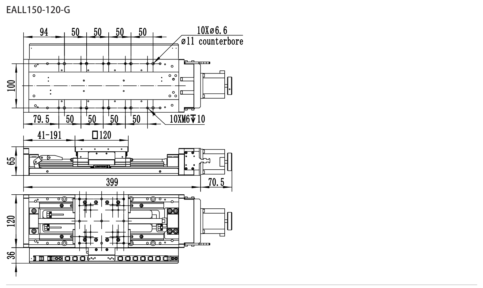 Precision Motorized Linear Stage EALL150-120-G drawing