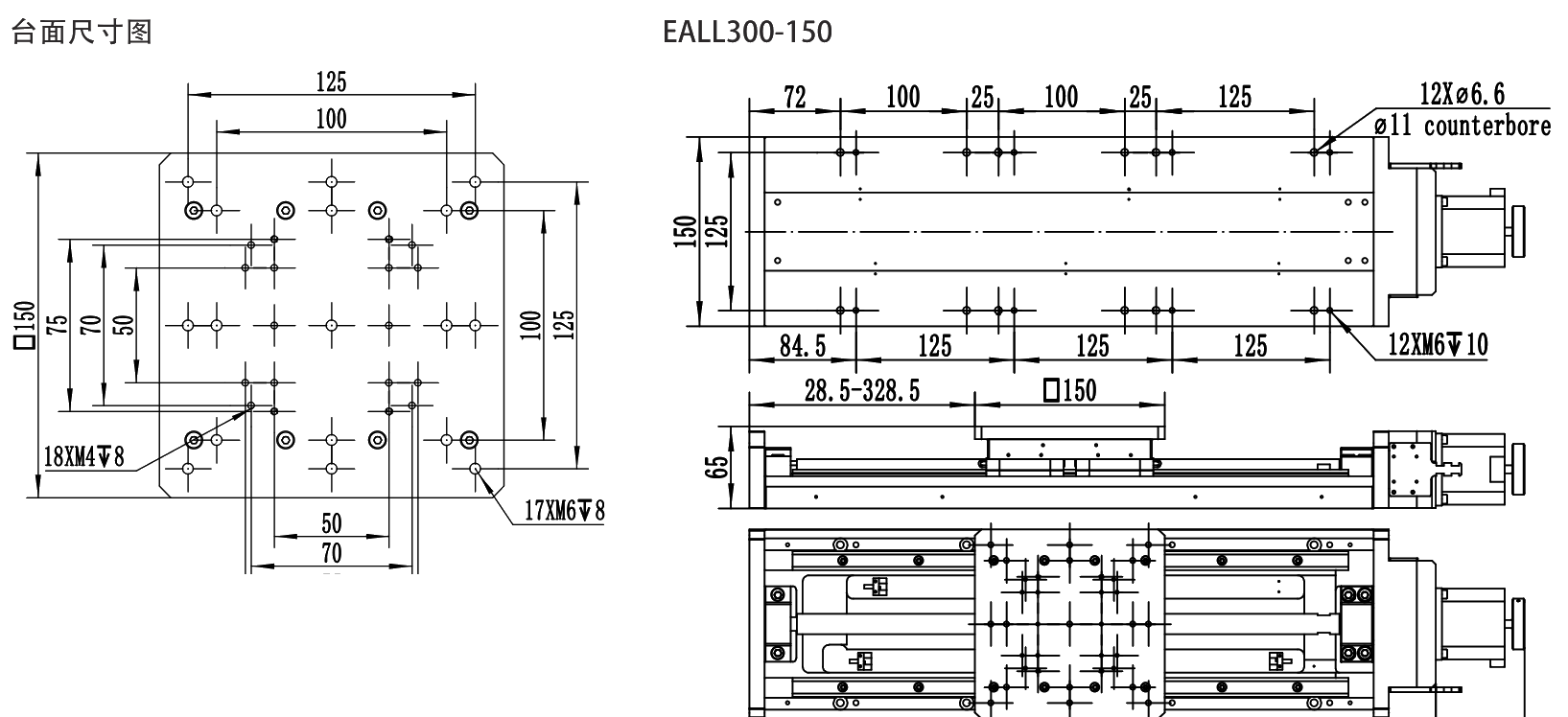 Long-Stroke Heavy-Duty Motorized Stage EALL300-150 drawing
