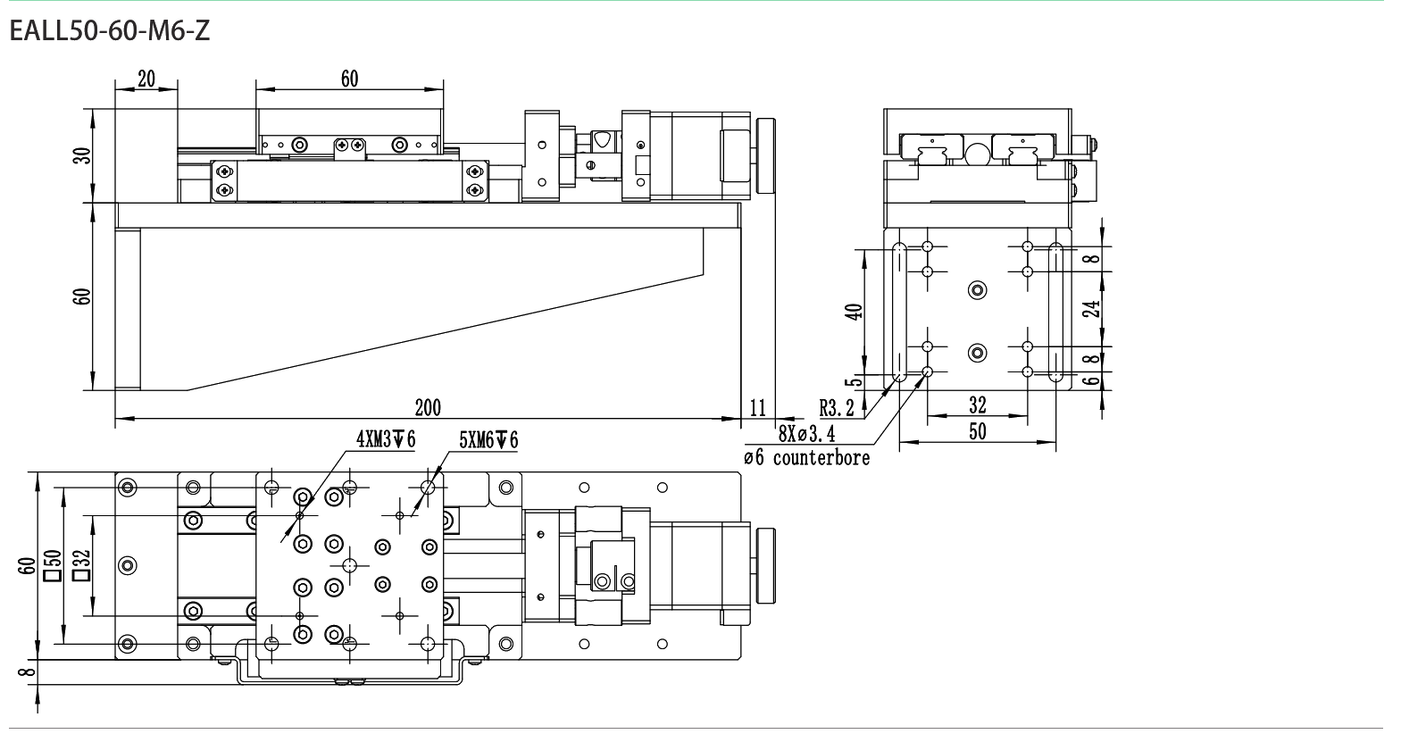 Motorized Linear Stage EALL50-60-M6-Z drawing