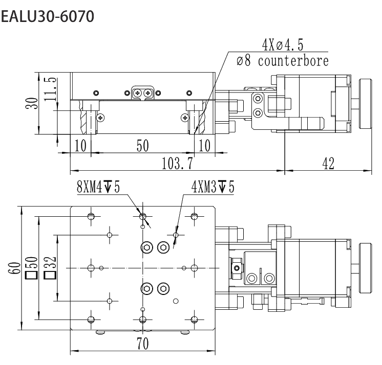 超高精密电动滑台 EALU30-6070 尺寸图
