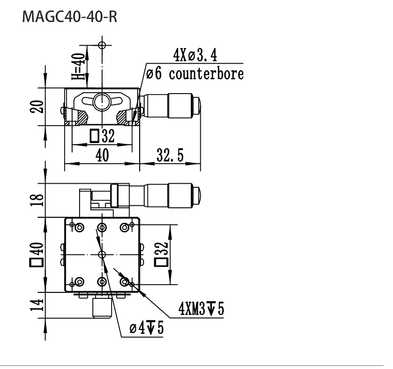 MAGC Series Manual Goniometers MAGC40-40-R dimension drawing