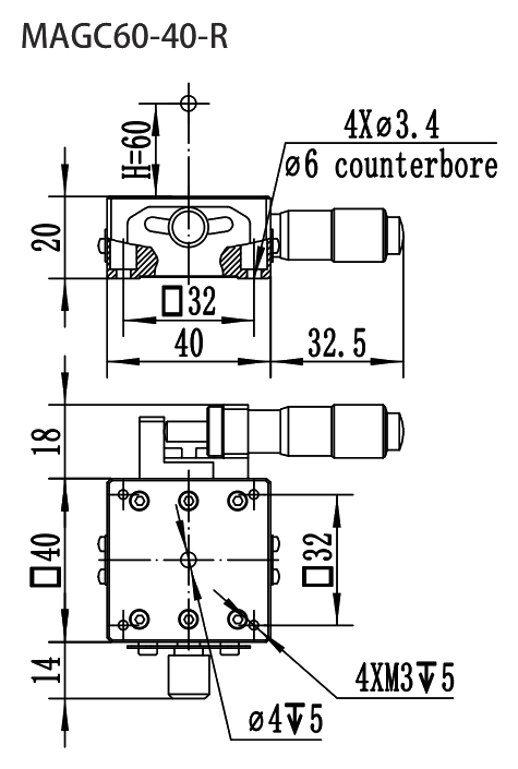 MAGC Series Manual Goniometers MAGC60-40-R dimension drawing