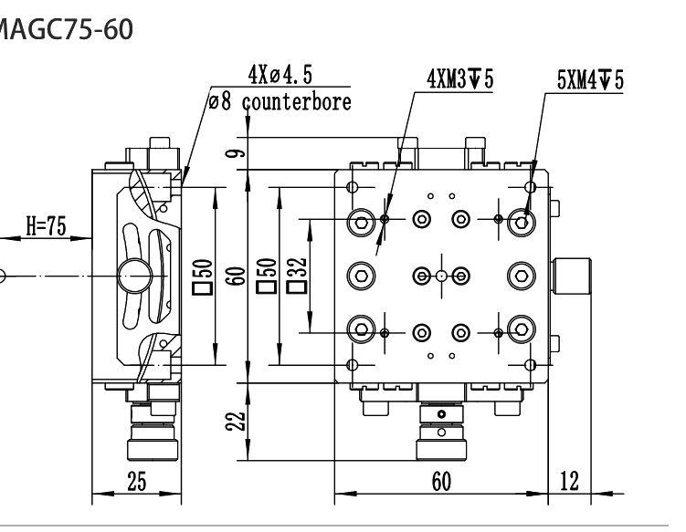 MAGC Series Manual Goniometers MAGC75-60 dimension drawing