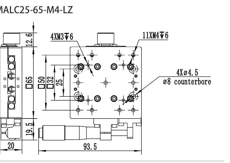 手动平移滑台 MALC25-65-M4-LZ 尺寸图